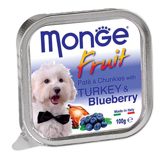 Monge Fruit Pate with Chunkies Tray Dog Wet Food - Turkey & Blueberry