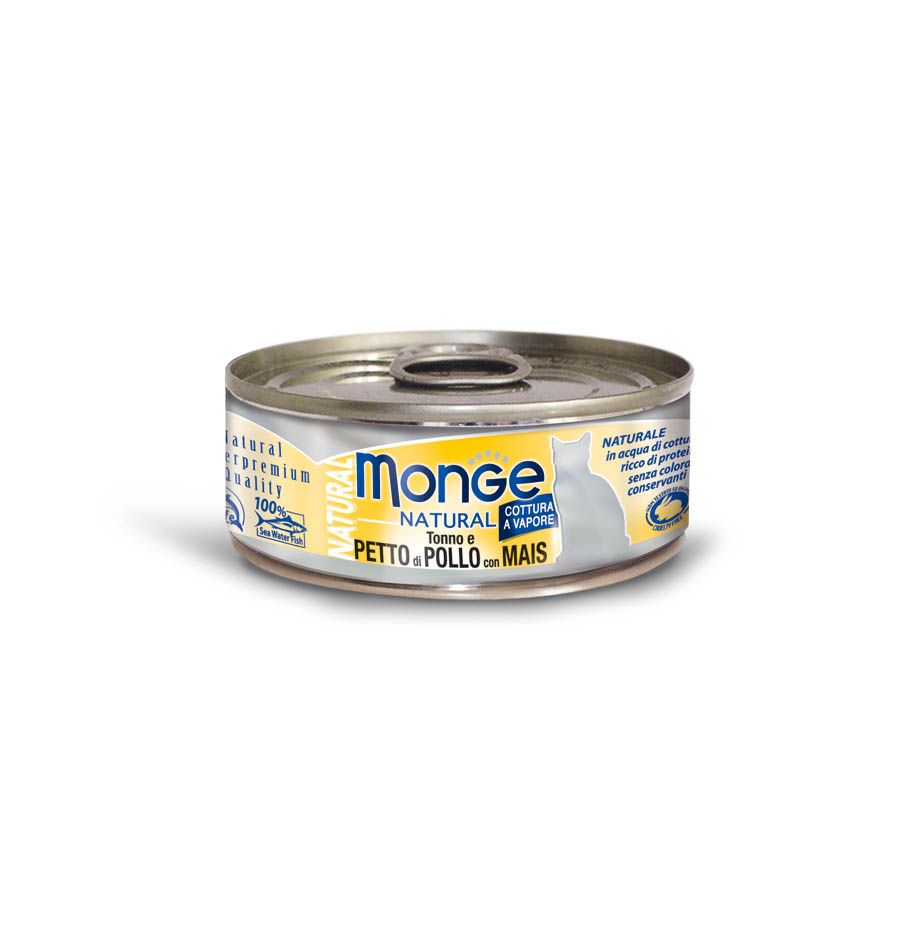 Monge Natural Cat Wet Food - Tuna And Chicken With Corn 80g x24 cans