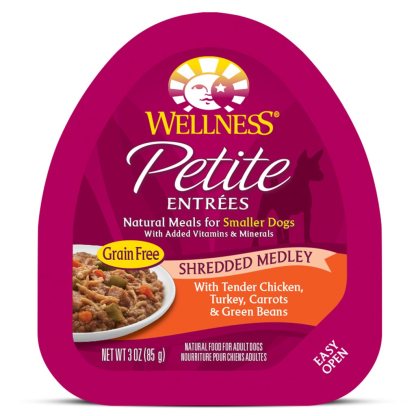 Wellness Petite Entrees Wet Dog Food - Shredded Medley Tender Chicken, Turkey, Carrots & Green Beans (Small Dogs) 85g