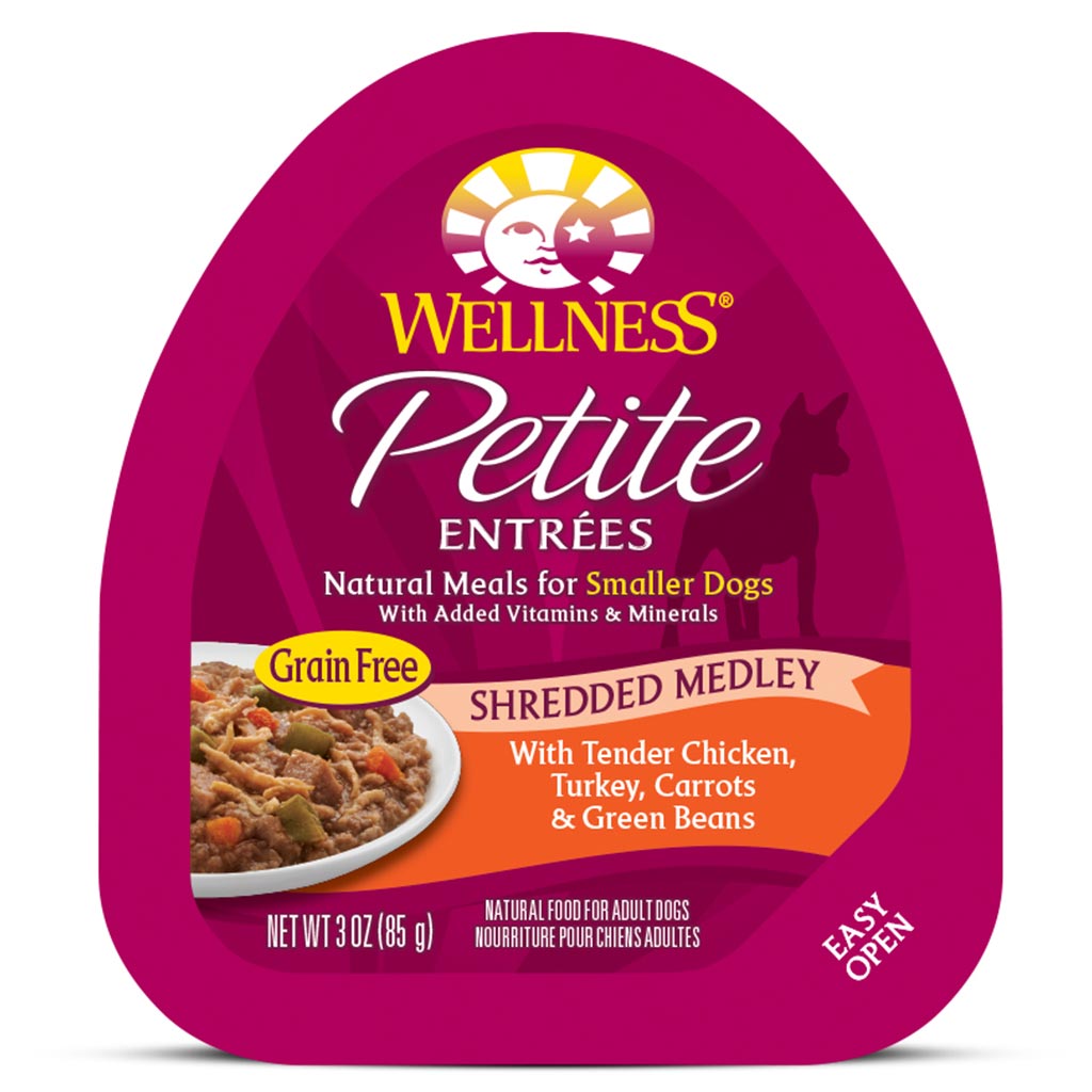 Wellness Petite Entrees Wet Dog Food - Shredded Medley Tender Chicken, Turkey, Carrots & Green Beans (Small Dogs) 85g