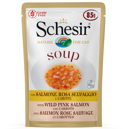 Schesir Soup With Wild Pink Salmon & Carrots Grain-Free Pouch  In Soup Cat Food (85G)