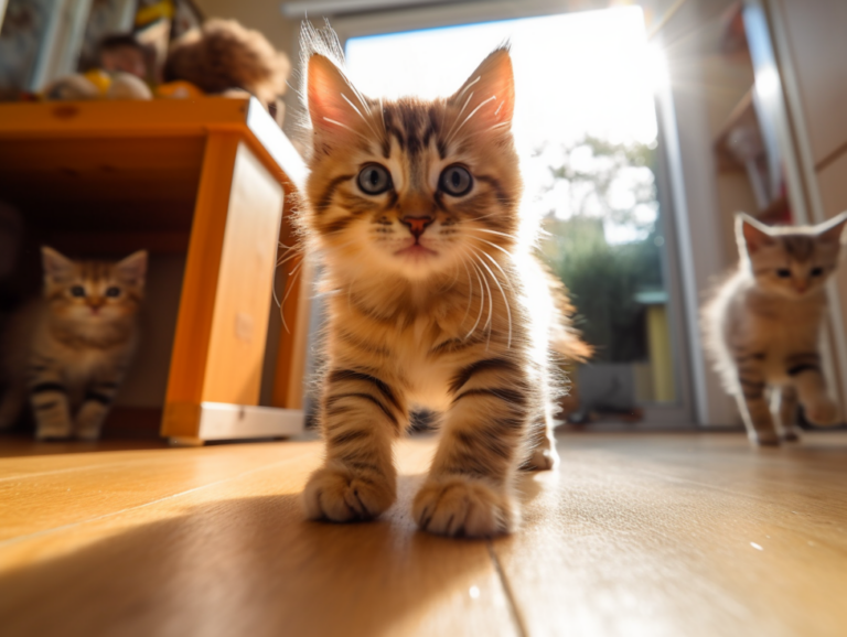 cats in a room with wooden furniture