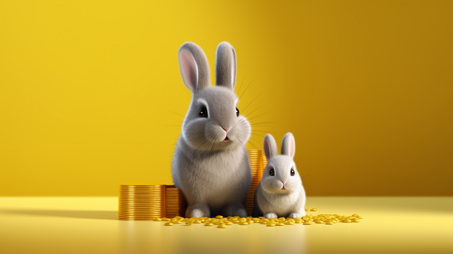 rabbits standing around food pellets