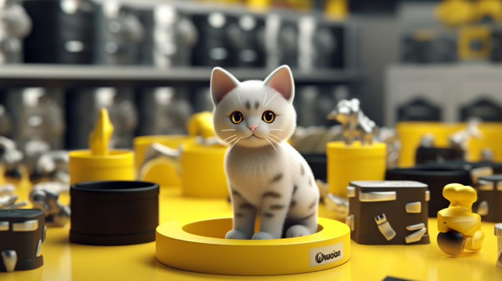 cat in cylindrical container in yellow cluttered warehouse