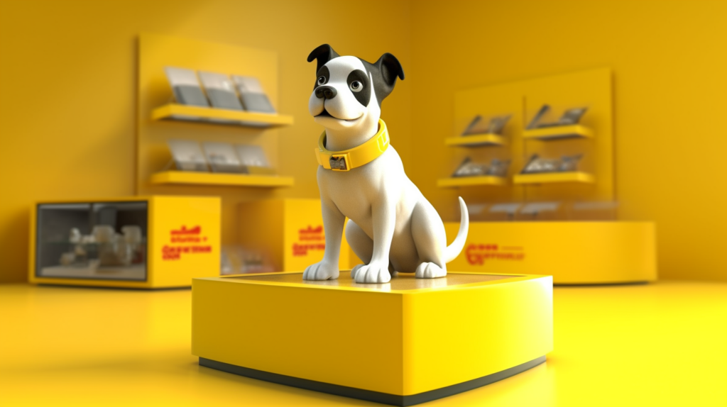 white dog with black patterns on display platform of yellow retail store