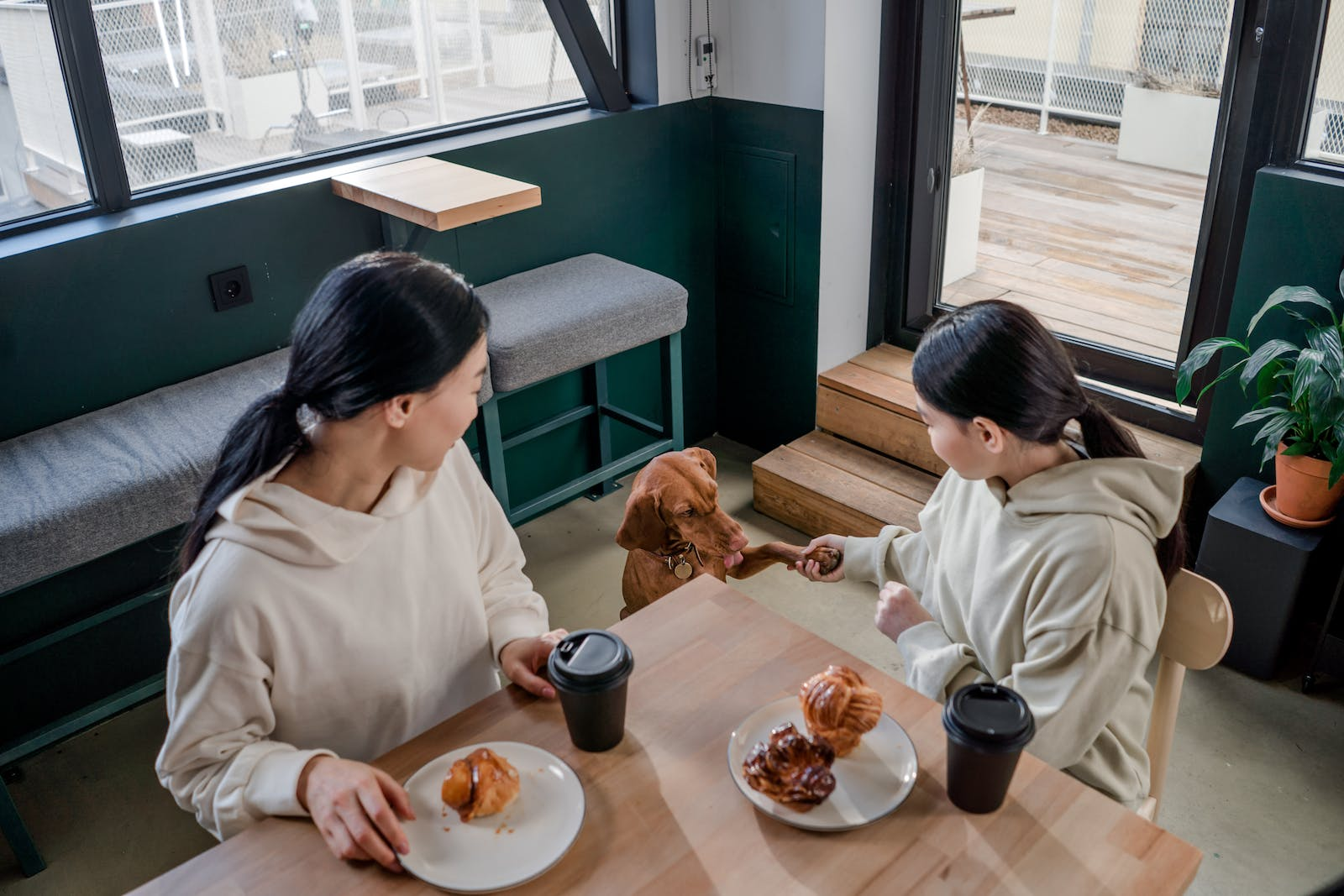 2 women eating at a table with a dog
