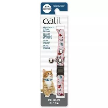 Catit Adjustable Breakaway Nylon Collar with Rivets Pink and White Ladybugs 20-33cm (55195)