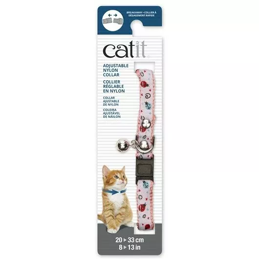 Catit Adjustable Breakaway Nylon Collar with Rivets Pink and White Ladybugs 20-33cm (55195)