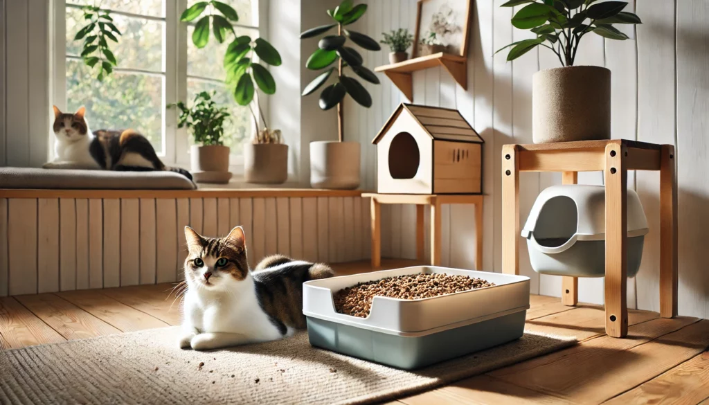 A modern cat litter setup in a cozy, minimalistic home environment.