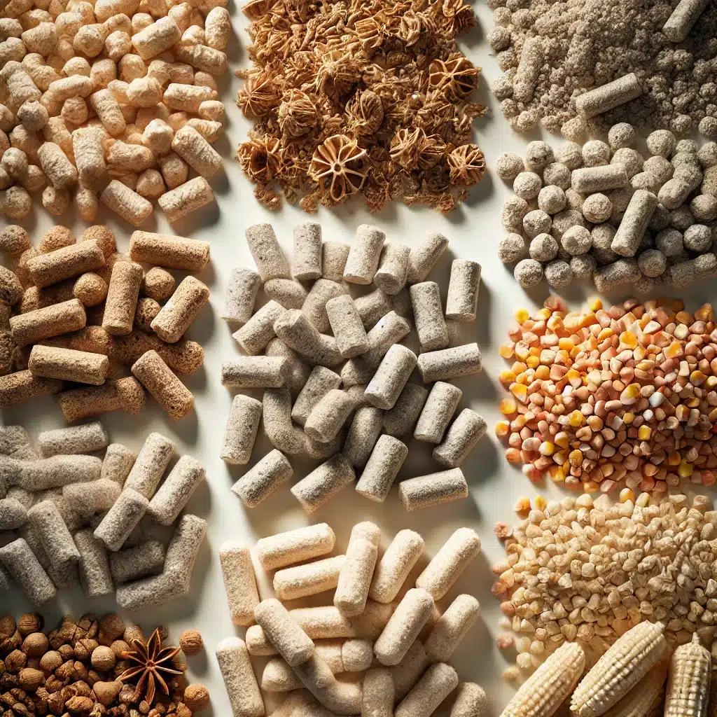 A top-down view of an assortment of eco-friendly cat litter pellets, arranged in groups. The pellets are of varying textures and colors.