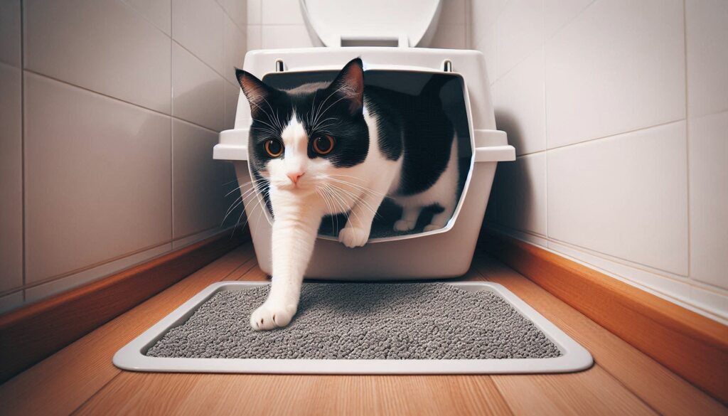 cat stepping out of litter box, left food on the ledge of the litterbox and right foot out on the mat