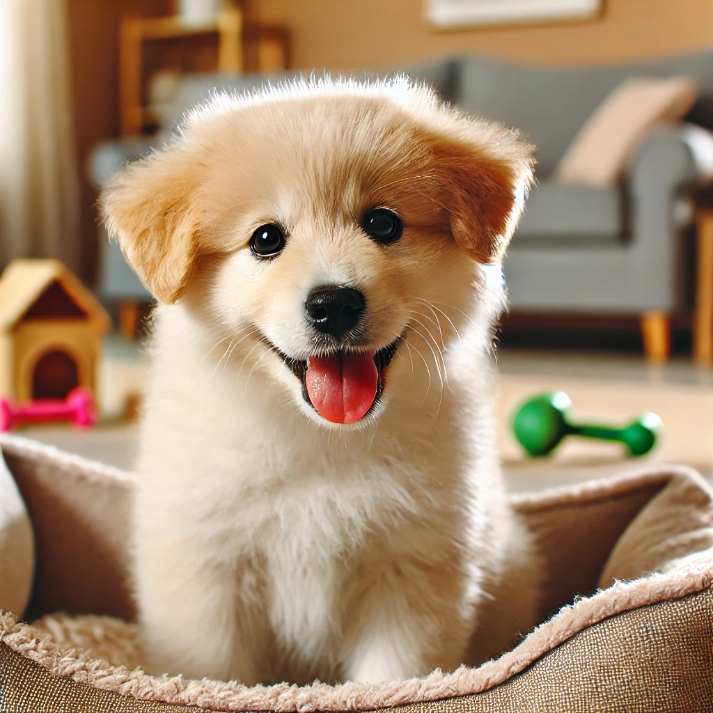 Happy puppy in a cozy space as part of essential puppy care tips.