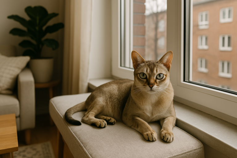 AI Generated image of a Singapura cat near a window, due to the rarity of this breed.