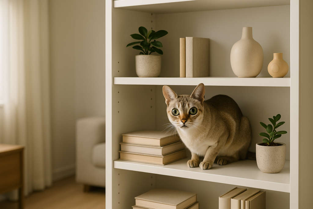AI Generated image of a Singapura cat on a bookshelf, due to the rarity of this breed.