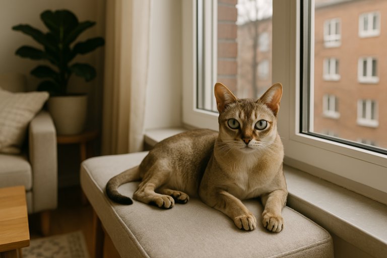 AI Generated image of a Singapura cat near a window, due to the rarity of this breed.