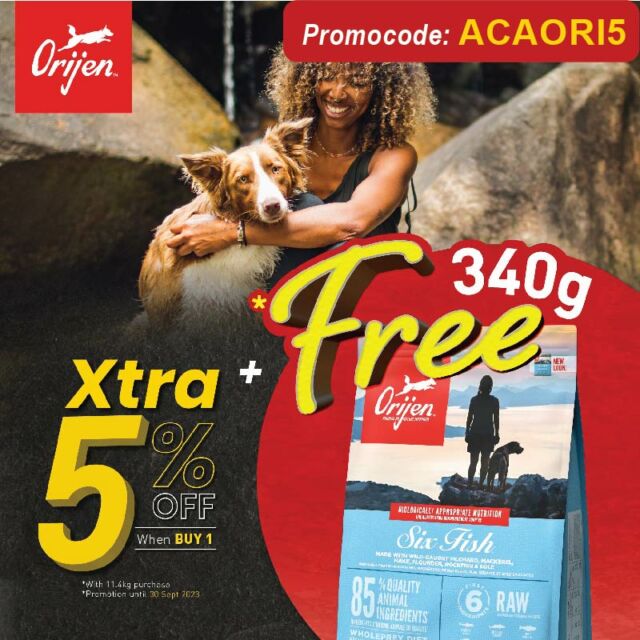 🐶💛 FREE 340g of ORIJEN dog food for your dog! 📣🎉

Applicable on all 4.5 & 5.4kg DOG recipes under ORIJEN. Use code ACAORI15 on our official website to enjoy 5% off on top of that! Use 5% voucher applicable for orders on Shopee. Enjoy!

Promotion end: 30 September