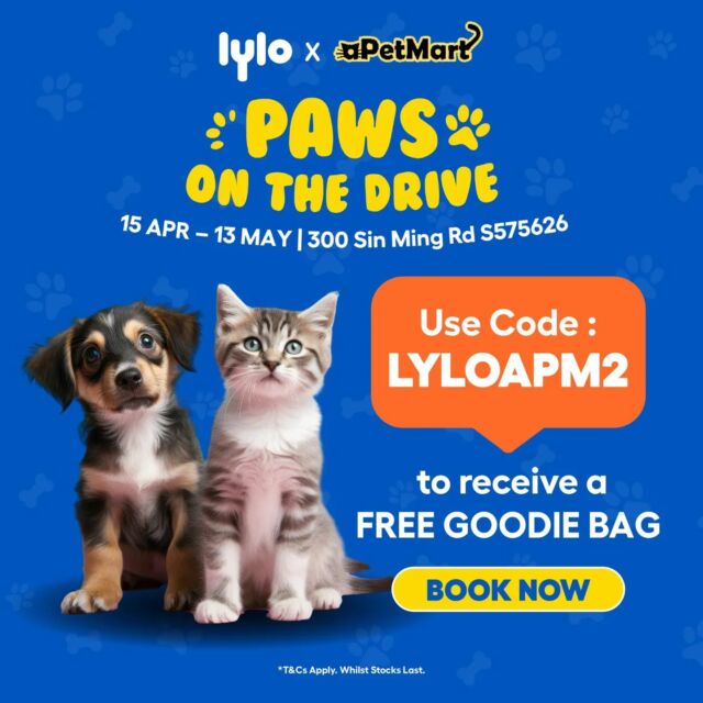 Calling all Fur Parents! Just a few more days left to collect your FREE goodie bag for your fur baby with every successful LyloDrive booking!

Here’s how you can claim your goodie bag:
1. Make a booking with LyloDrive using the promo code “LYLOAPM24” upon checkout
2. Upon car collection, take a photo at designated photo booth at Lylo car collection point
3. Post the photo on your Instagram story and tag @wearelylo @apetmart (bonus if you feature your furbaby in it)🤭
4. Get your free goodie bag!🎁

Here’s to more pet-friendly rides with Lylo & aPetMart! 🚙

*Promo Ends 13 May 2024

#WeAreLylo #Lylo #APetMart #CarRentalSG #NationalPetMonth