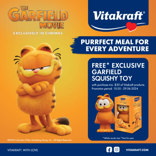 🎬 Lights, camera, action! 🍿✨ 

Stand a chance to win a FREE exclusive Garfield Squishy Toy! 🐱💫 

Get yours by purchasing a minimum of $30 of Vitakraft products and scan the QR code at the selected shop islandwide with your receipt! Act fast — promotion period: 10th May – 29th June 2024.

Don't miss out on the fun! Hurry, grab yours before they're gone!🌟 

#HappywithVitakraft #GarfieldMovie #SquishyToy #Giveaway