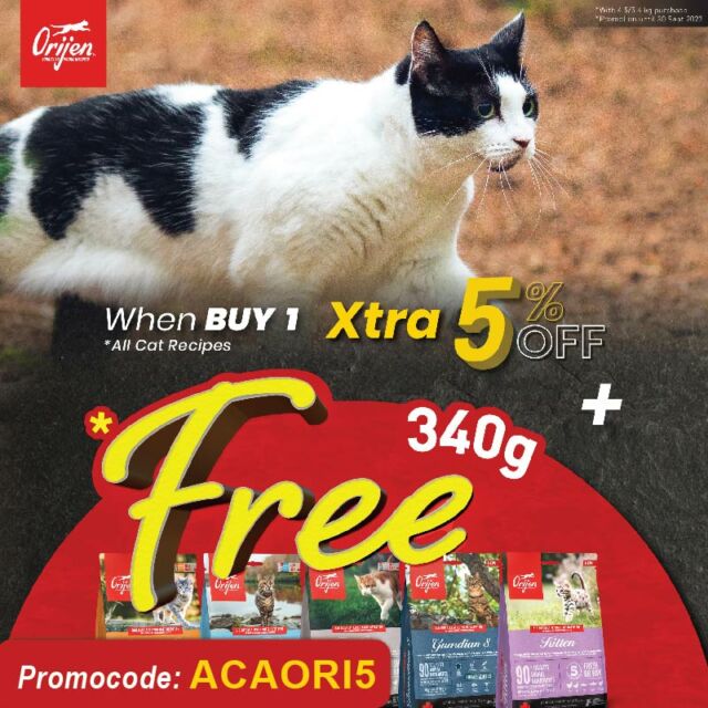 😸💛 FREE 340g of ORIJEN cat food for your cat! 📣🎉

Applicable on all 4.5 & 5.4kg CAT recipes under ORIJEN. Use code ACAORI15 on our official website to enjoy 5% off on top of that! Use 5% voucher applicable for orders on Shopee. Enjoy!

Promotion end: 30 September