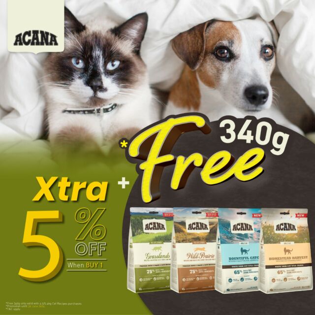 🌟 June Promotion Alert🌟 

Pamper your precious pets with top-notch nutrition from ACANA & Orijen dry food! Enjoy a fabulous 5%/10% off on ACANA & Orijen dry food all month long! Snag 340g FREEBIES when you purchase 4.5kg/5.4kg of ACANA & Orijen Cat Food! 🐱🐶❤️

Hurry, treat your furry companions to the best - seize this offer before it's gone! 

Terms and Conditions:

-Applicable to ORIJEN Tundra and ACANA Prairie Poultry and Wild Coast.
-Promotion runs from June 1st to June 30th, 2024.
-5% and 10% off when Buy 2 on selected items
-Promotion only applicable to selected items