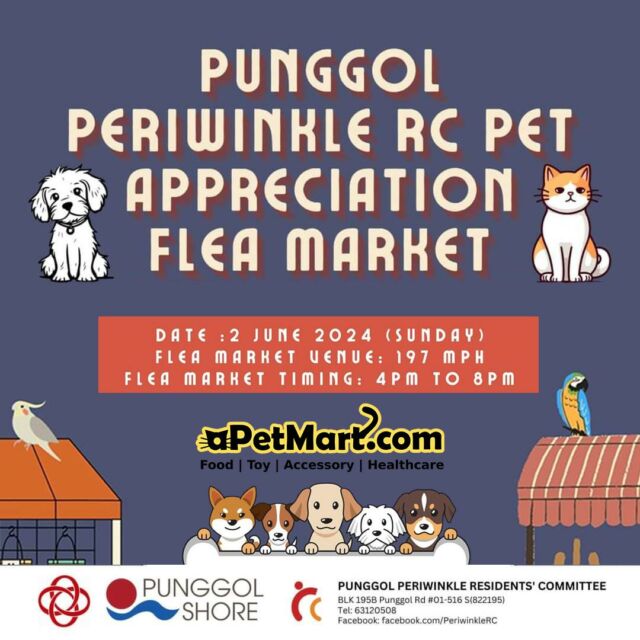 Hey there, furry friends and their fantastic owners! 🐾 

Mark your calendars for this Sunday, June 2nd, because aPetMart is making waves at the Punggol Periwinkle RC Pet Appreciation Flea! 🎪🐶 

We've got a treasure trove of treats and surprises in store for your beloved pets. Don't miss out on the fun!  See you on Sunday! 🌟

#fleamarket #petshop